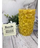 Embossed Flower Beeswax Pillar Candle – 100% Pure Beeswax Floral Pattern - $20.00