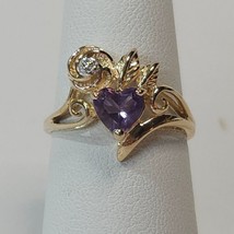 14K Yellow Gold 6x6mm Heart Amethyst Diamond Flower Leaf Ring Size 7.25 ... - £234.58 GBP