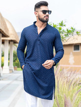 Blue Traditional Chikankari Mans Kurta Bollywood Style Men Party Wear Kurta Stuf - £37.56 GBP+