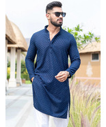 Blue Traditional Chikankari Mans Kurta Bollywood Style Men Party Wear Ku... - £36.96 GBP+