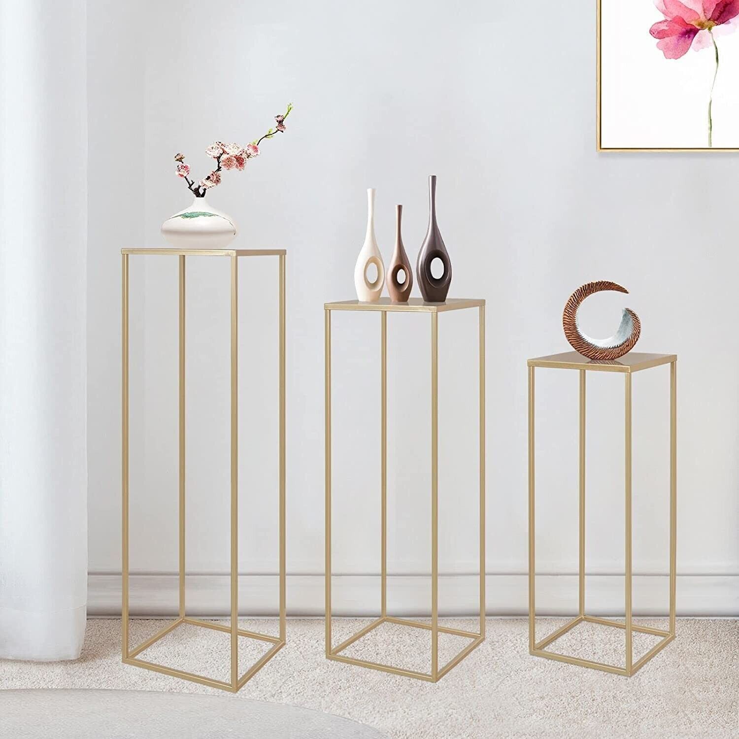 Cekpo 3 PCS Metal Plant Stand Golden Nesting Display End Table Tall Pedestal - $65.55