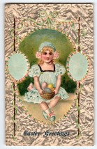 Easter Postcard Curly Haired Girl Heavy Embossing Painted Eggs Antique Vintage - $16.20