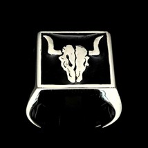 Sterling silver ring Wild West Buffalo Bull Skull with Long Horns on Black ename - £83.67 GBP