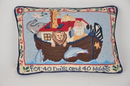 Noah&#39;s Arc NEEDLEPOINT 40 days/nights Throw PILLOW Midwest Navy Blue Velvet back - £11.37 GBP