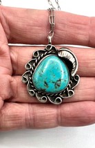 Vintage Handmade Navajo Sterling Silver Natural Blue Turquoise Pendant Necklace - £79.92 GBP