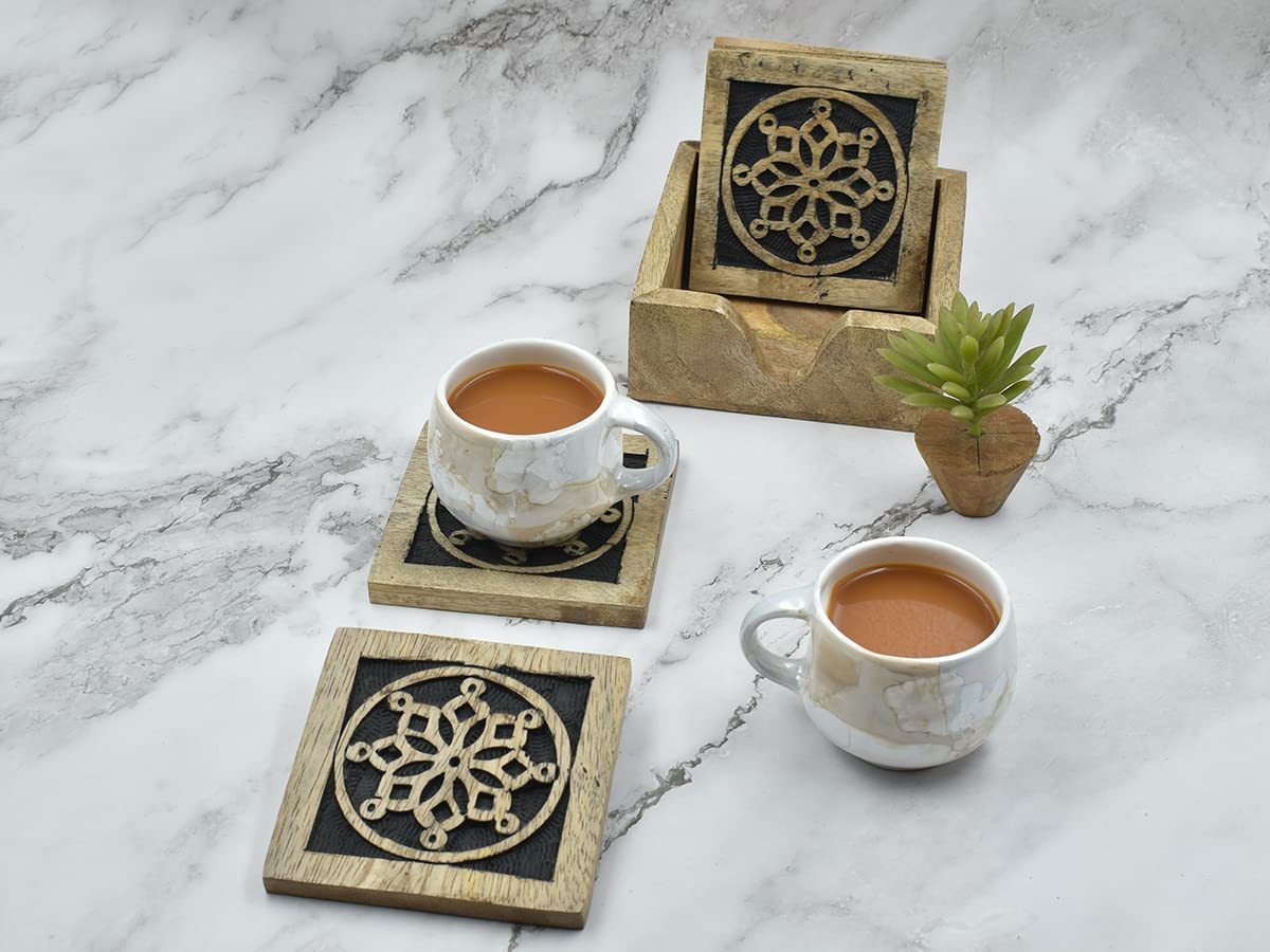 STORE INDYA Set of 4 Wooden Square Coasters with Holder for Tea Coffee B... - $15.99