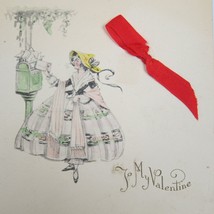 Valentine Card Lady 1850s Dress &amp; Hat Antique Mailbox Die cut Bifold Red Ribbon - $9.99