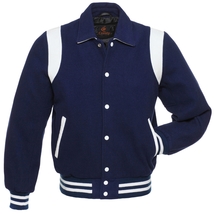 Retro Varsity Letterman Baseball Jacket Navy Blue Body White Leather Ins... - £84.11 GBP