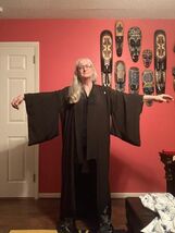 CL-KIM-3) Pre WWII vintage long black off white Kimono L/XL fern leaf de... - $156.99