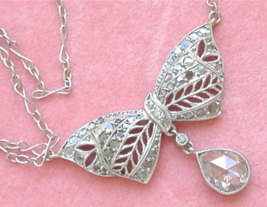 Antique Edwardian .75ct Rose Cut Pear Diamond Drop Bow Pendant Necklace 1910 - £2,349.55 GBP