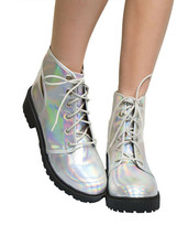 Qupid Valiant-03A Slingback Cut Out Lace-Up Booties, Silver Holographic, US 7 - £26.83 GBP