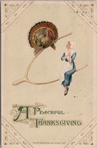 Thanksgiving John Winsch Pilgrim Woman Large Turkey Wishbone Fantasy Postcard X9 - £15.94 GBP