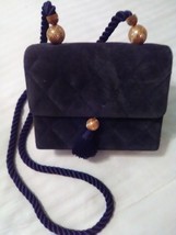 VINTAGE CHI CHI FRENCH DESIGNER TYPE QUILTED NAVY REAL SUEDE GOLDEN BALL... - $60.00
