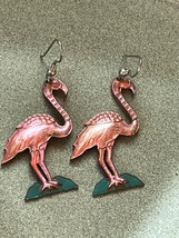 Pink Painted Bronze Metal FLAMINGO Standing in Blue Water Dangle Earrings for - £10.25 GBP