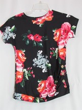 NIP Acelitt Girls Short Sleeve Black Floral Stretchy Top Decorative Butt... - £11.38 GBP