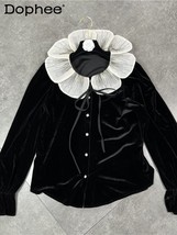 Korean Sweet Flower Collar Stitching Single-Breasted  Up Long Sleeve Black Velve - £96.68 GBP