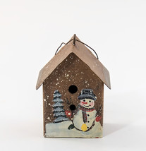 Christmas Ornament Tin Bird House with Hand Painted Snowman Scene 2&quot; Vintage - £7.42 GBP