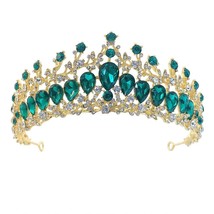 Baroque Gold Color Green Crystal Bridal Jewelry Sets Rhinestone Tiaras Crown Ear - £34.77 GBP