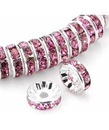 10 Spacer Beads Rhinestone Spacers Crystal Pink Silver 6mm Sparkle Jewelry  - $6.11 CAD