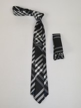 Mens Narrow Tie/Hankie Set Woven Vito Rofolo VTR-108 Black White Plaid image 2