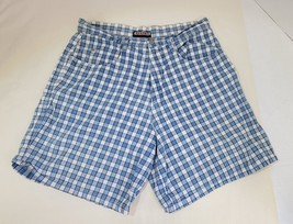 Womens Shorts Memphis Plaid Checkered Blue White Size 14 Pockets Cotton - £9.57 GBP