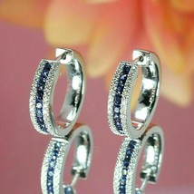1.9Ct Round Lab Created Blue Sapphire Huggie Hoop Earrings 14K White Gold Plated - £127.86 GBP