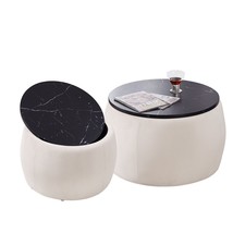 Set of 2 Nesting Round Storage Ottoman, Coffee Table Footstool - Beige - £145.96 GBP
