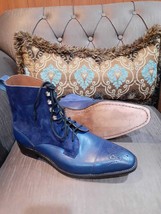 Handmade Men&#39;s Blue Leather Chisel Cap Toe Lace up Leather Ankle Boots f... - $148.49+