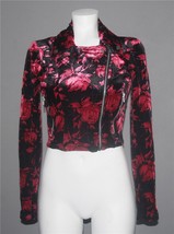 VTG Wet Seal Velvet Assymetrical Pink Red Roses Black Cropped Zipper Jac... - $26.99