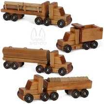 FOUR Wooden Toy TRUCK Set Log Barrel Tanker Dump Truck Wood Tractor Trailer USA - £153.50 GBP