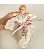 Porcelain Angel Doll Embroidered Rose Handkerchief Blue Eyes Holiday Chr... - £27.32 GBP