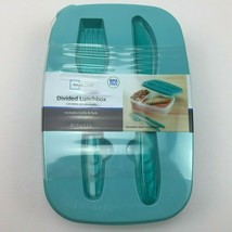 Divided Lunch Box Food Container Fork &amp; Knife BPA Free Teal Lid Turquoise - £14.38 GBP