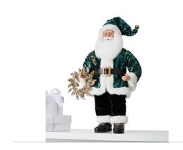 Holiday Lane 18&quot;H Fabric Standing Santa in Green Sequin Outfit Holding Wreath - £35.42 GBP