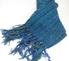 Womens Winter Knit Scarf Shades of Blue Green Teal Yarn Ribbon 9&quot; x 74&quot; Nice - £10.36 GBP