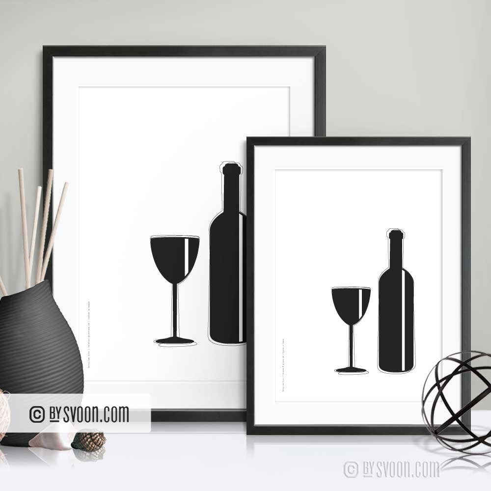 Bottle and Glass Print, Minimal Wall Art, Kitchen Poster, Black & White, Wine an Item image 2