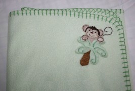 Parents Choice Baby Blanket Monkey Green Fleece Palm Tree Stitched Edge Trim 40&quot; - £10.12 GBP