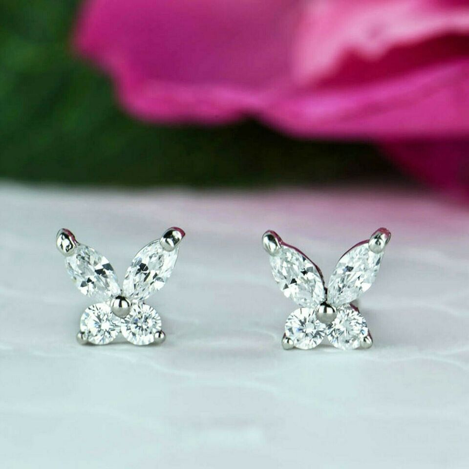 Primary image for 3/4CT Marquise & Round Cut Diamond Sterling Silver Small Butterfly Stud Earrings