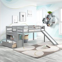 Twin Low Loft Bed With Stairs And Slide,Gray - £582.98 GBP