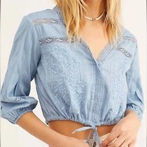 Free People Follow Your Heart Boho Cropped Button Down Lace Embroidered Top XS - £27.05 GBP