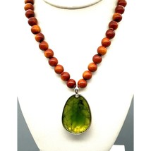 Boho Chic Brown Choker, Lacquer Strand Necklace with Green Statement Pendant - £39.74 GBP