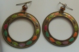 Vintage Large Round Multi-color Enamel Hook Earrings - £13.18 GBP