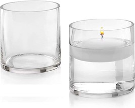 Set Of 2 Glass Cylinder Vases, Each 5 Inches Tall And Round,, Or Pillar Candles. - £29.22 GBP