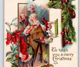 Santa Claus In Workshop Painting Toy Horse Christmas Postcard 1911 Embossed - £11.48 GBP
