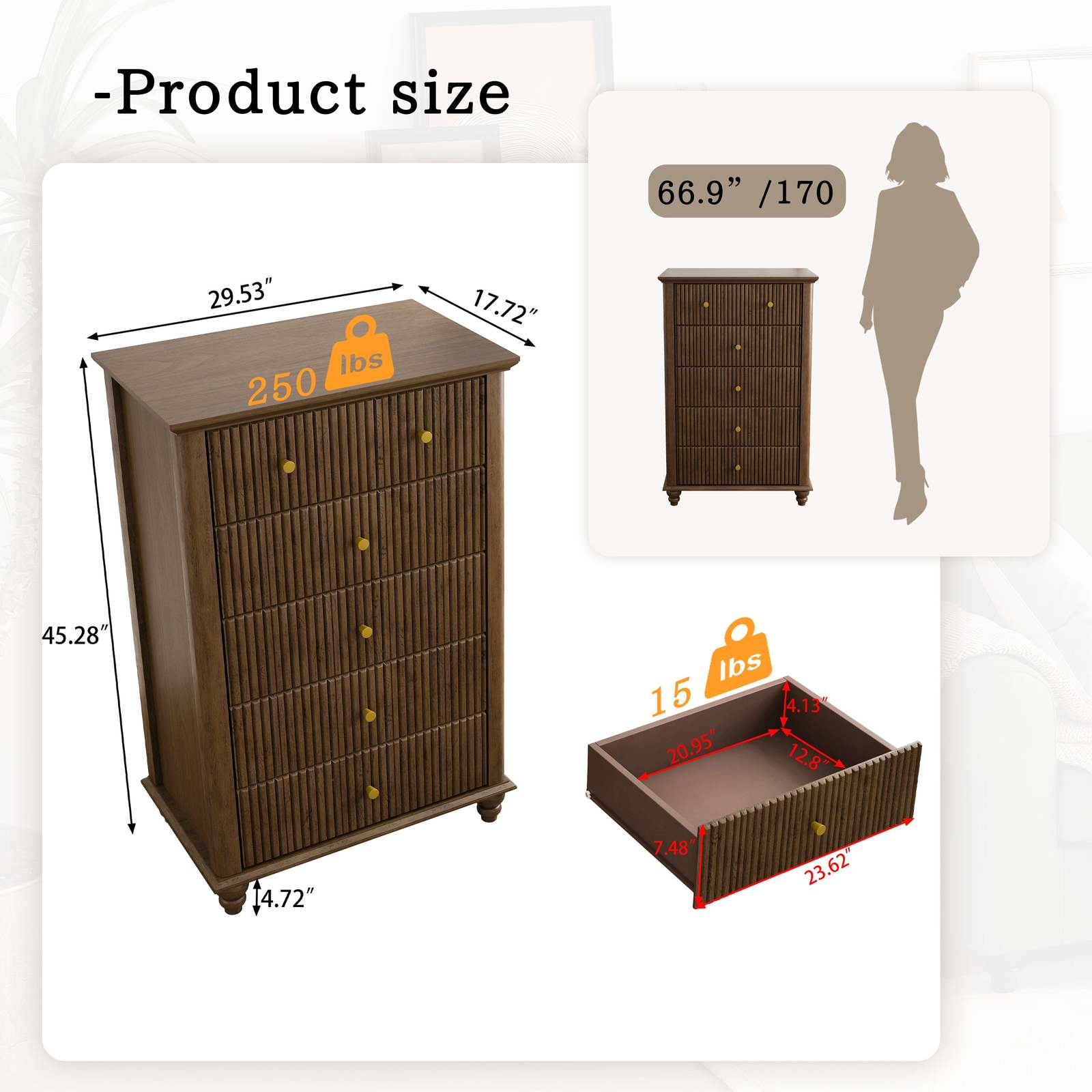Modern Walnut Fluted 5-Drawer Dresser - 45" Tall Bedroom Chest Item image 5