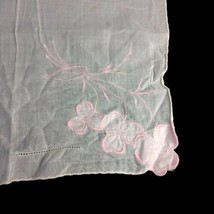 VTG Hanky Handkerchief White Linen Embroidered Pink Flowers 12” Wedding - £7.07 GBP