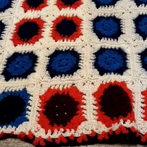 Vtg Granny Square Afghan Hand Crocheted Lap Blanket 56”X 46” Red/Blue/Black/Whit - £12.78 GBP