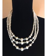 Vintage Triple Strand Faux Pearl &amp; AB Type Bead Necklace  - £15.73 GBP
