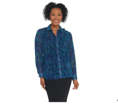Joan Rivers Long Sleeve Paisley Print Blouse with Ruffles Peacock, Size 2 - £10.99 GBP