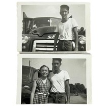 Vtg 1950&#39;s OOAK Photo Lot of 2 Young Couple 50&#39;s GMC Truck Lou &amp; Morrise Miller - £7.44 GBP