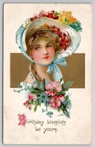 Victorian Woman In Blue Bonnet Birthday Greetings Postcard Q29 - £3.09 GBP